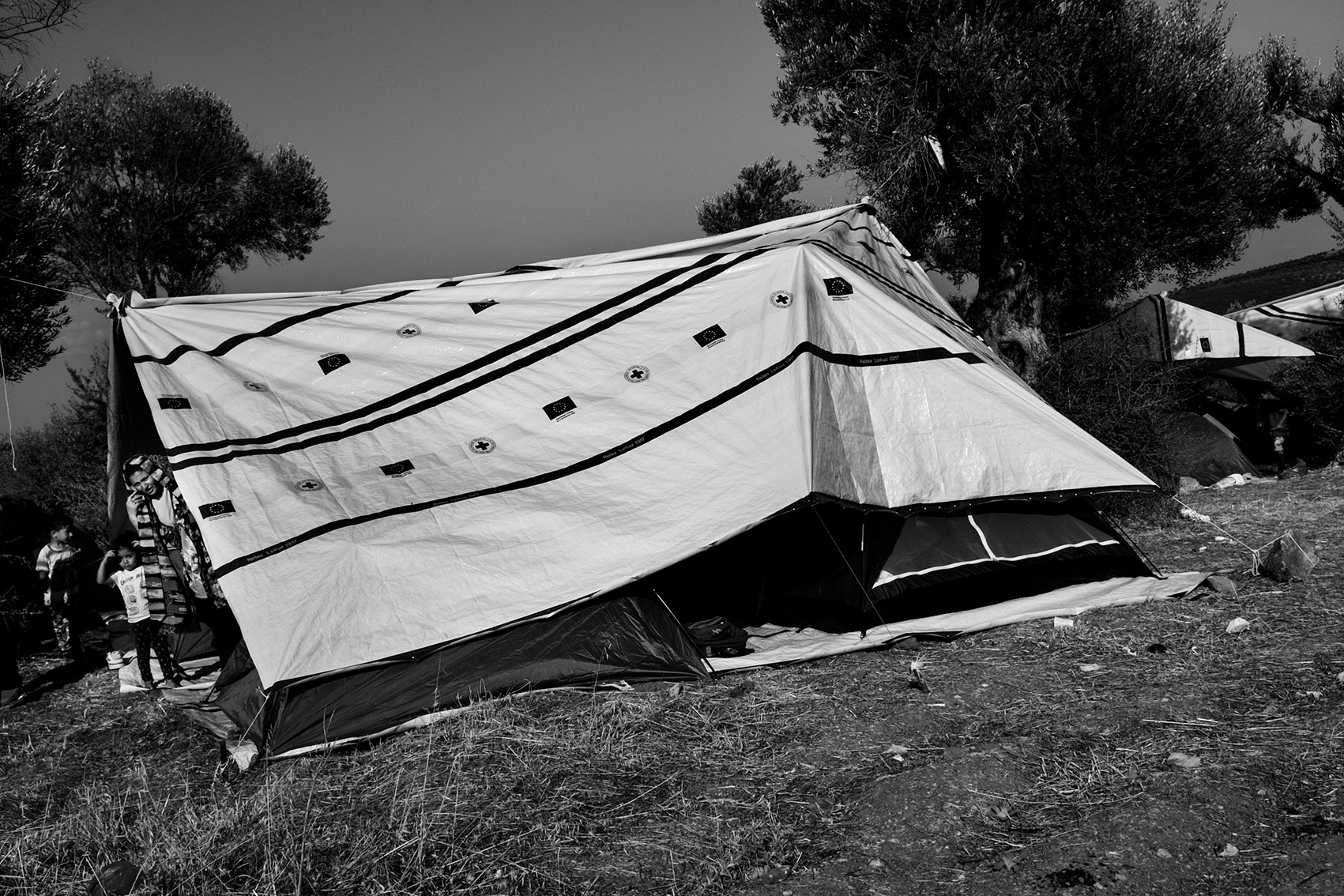 A Syrian family just arrived at the Olive Groove extension at refugee camp Moria, Lesbos, Greece